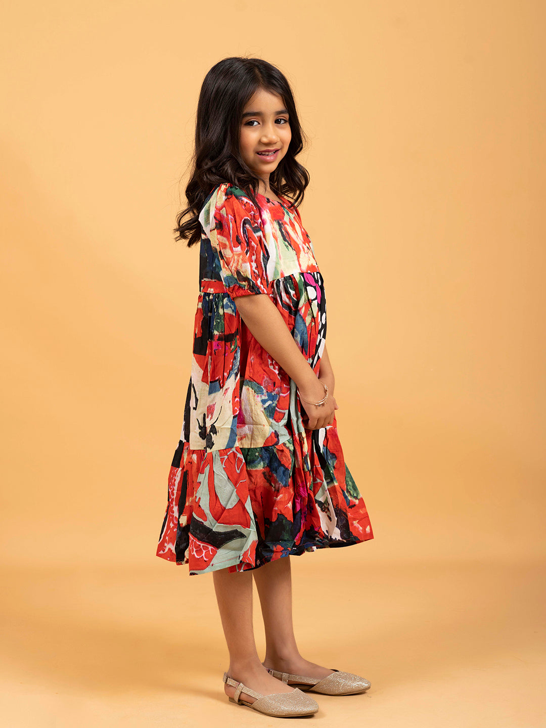 Kids Red & Black Multicolor Half-Sleeve Dress