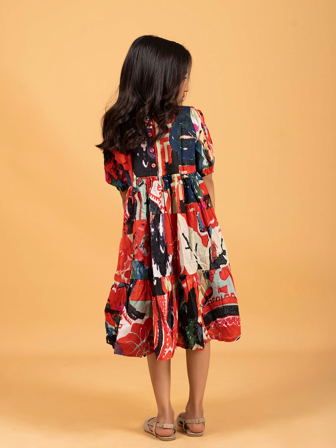 Kids Red & Black Multicolor Half-Sleeve Dress