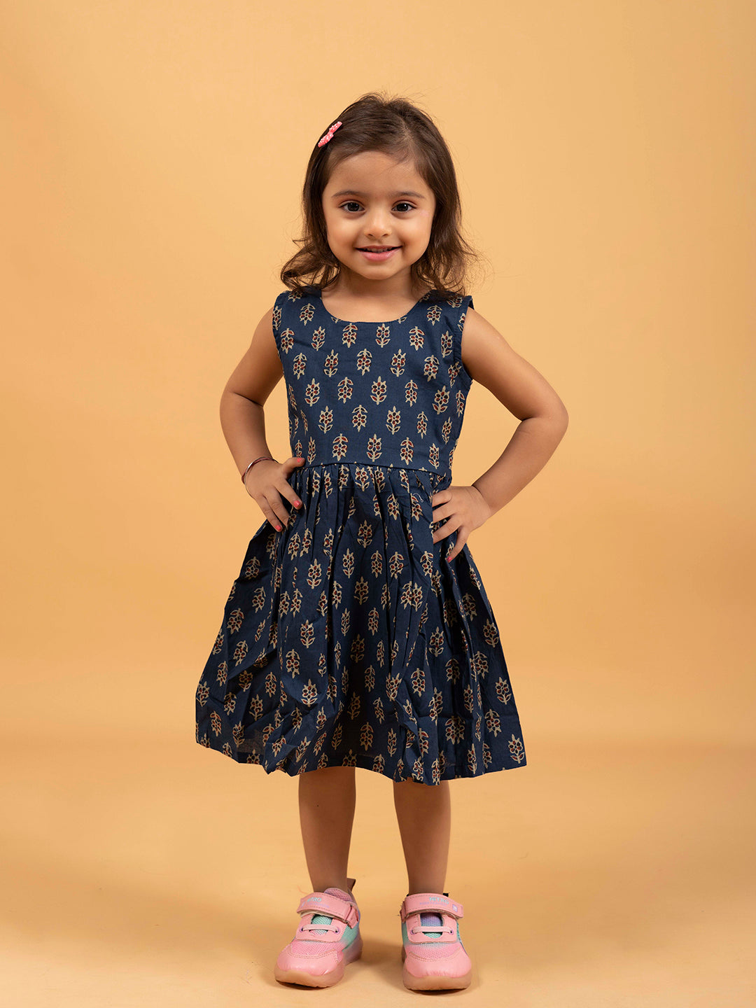 Kids Navy Blue Printed Sleeveless Cotton Dress