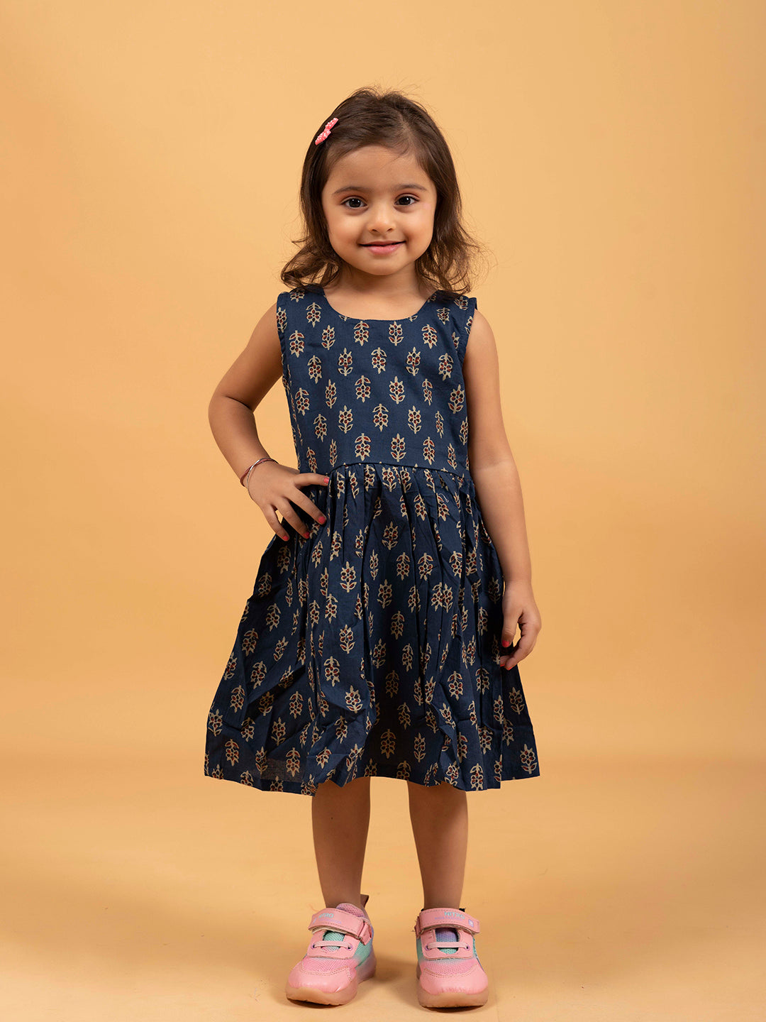 Kids Navy Blue Printed Sleeveless Cotton Dress