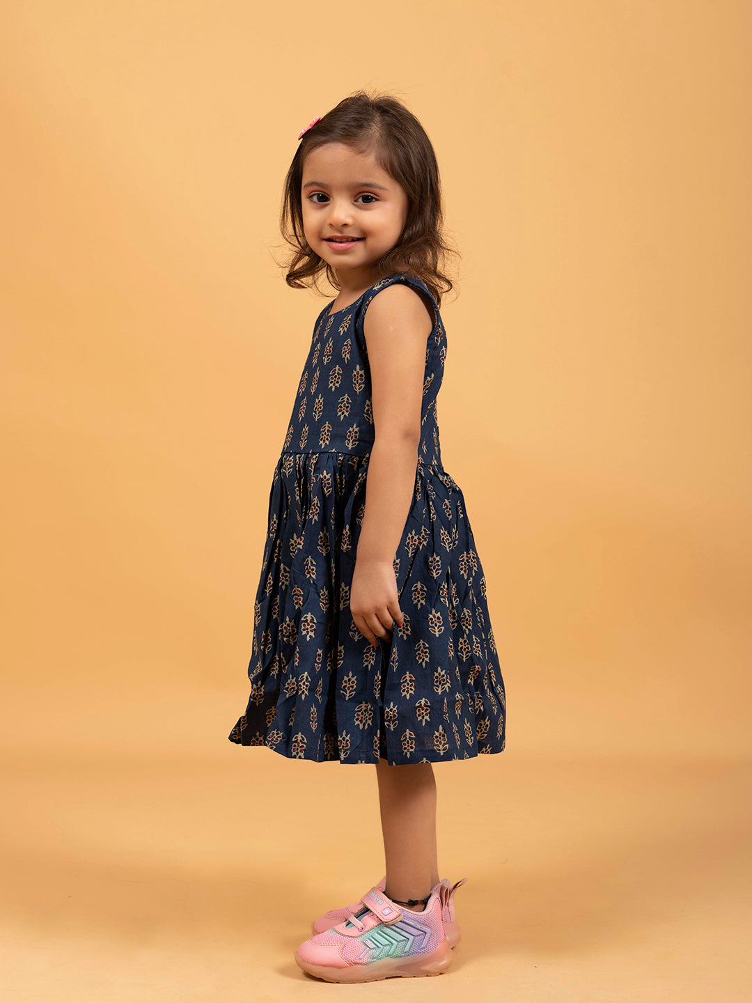 Kids Navy Blue Printed Sleeveless Cotton Dress