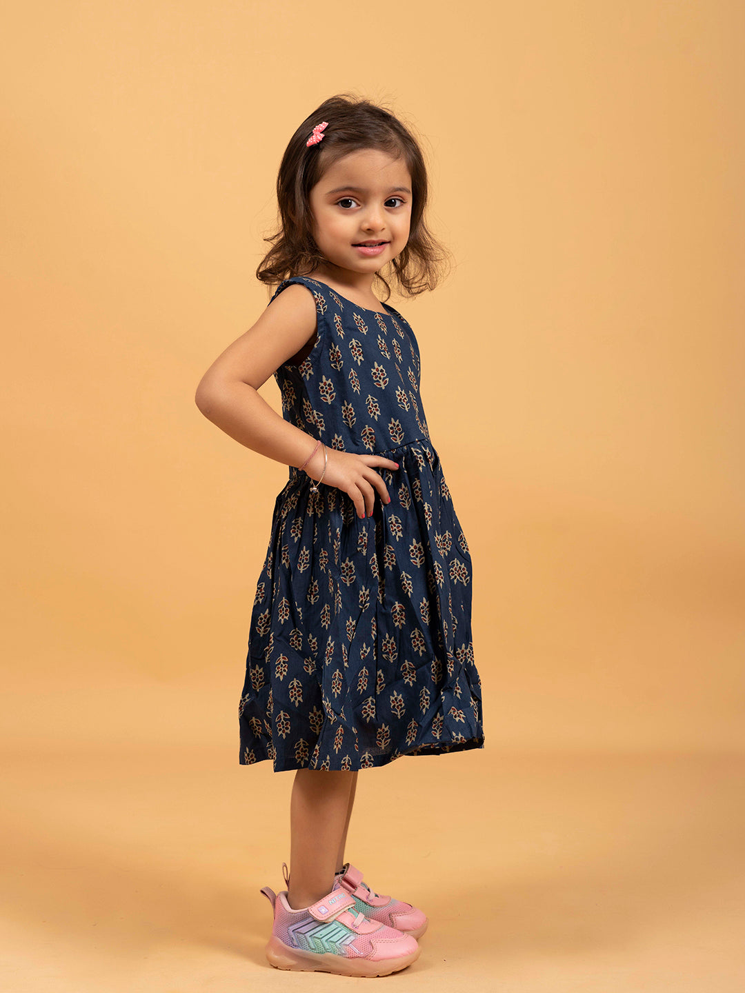 Kids Navy Blue Printed Sleeveless Cotton Dress