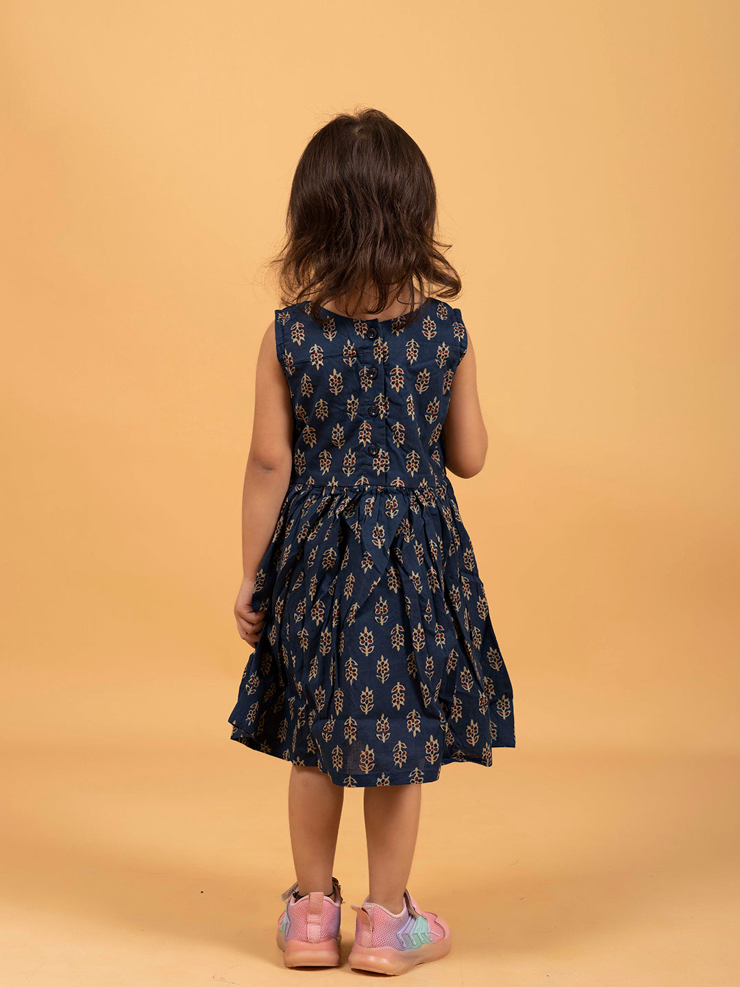 Kids Navy Blue Printed Sleeveless Cotton Dress