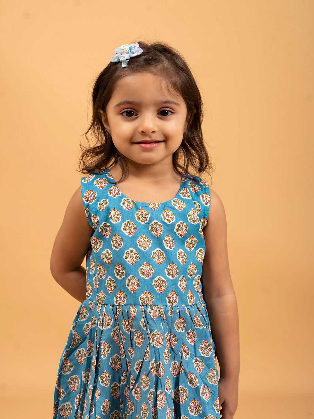 Kids Blue Printed Sleeveless Cotton Dress