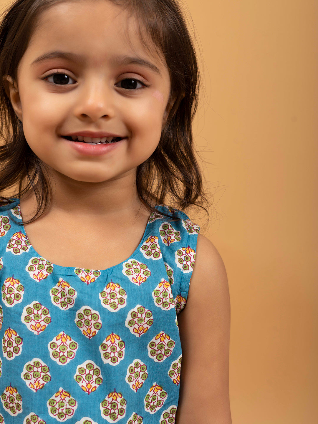 Kids Blue Printed Sleeveless Cotton Dress