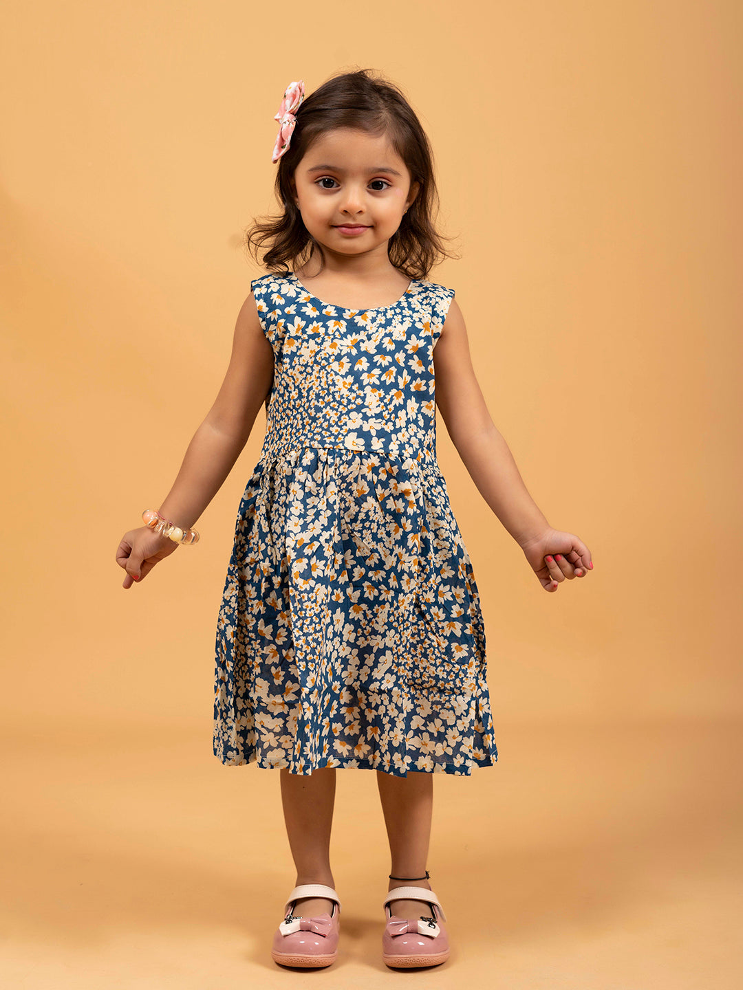 Kids Blue Floral Printed Sleeveless Cotton Dress