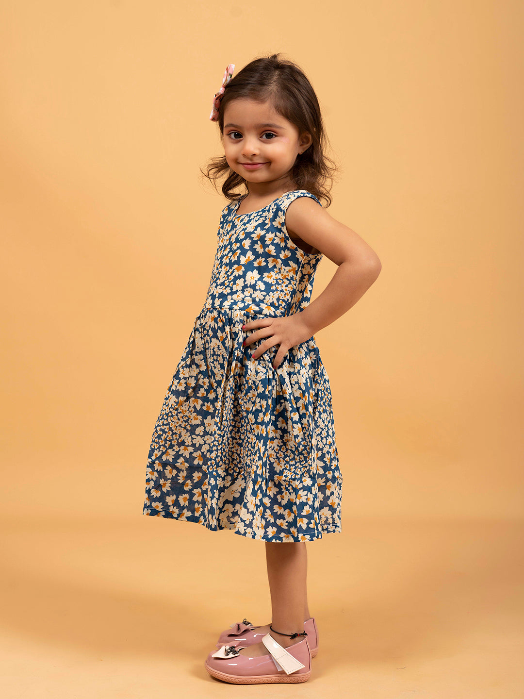Kids Blue Floral Printed Sleeveless Cotton Dress