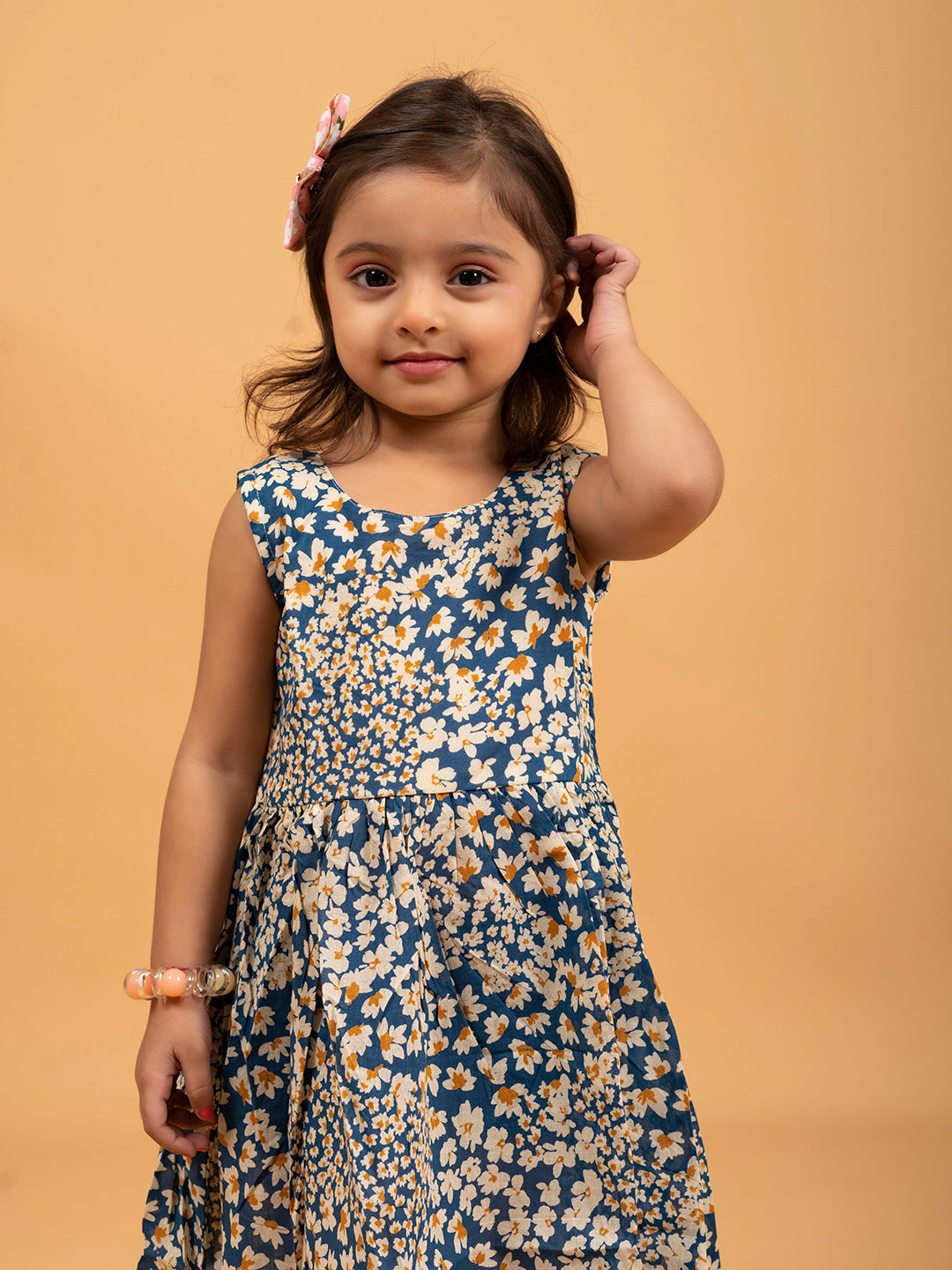 Kids Blue Floral Printed Sleeveless Cotton Dress