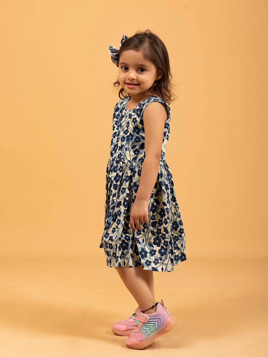 Kids Blue Floral Printed Sleeveless Cotton Dress