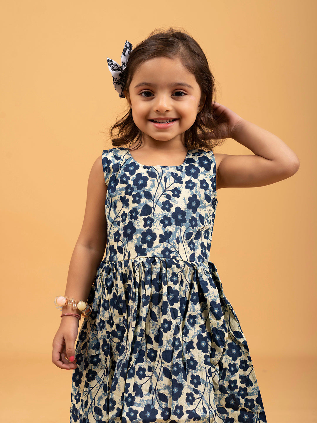 Kids Blue Floral Printed Sleeveless Cotton Dress