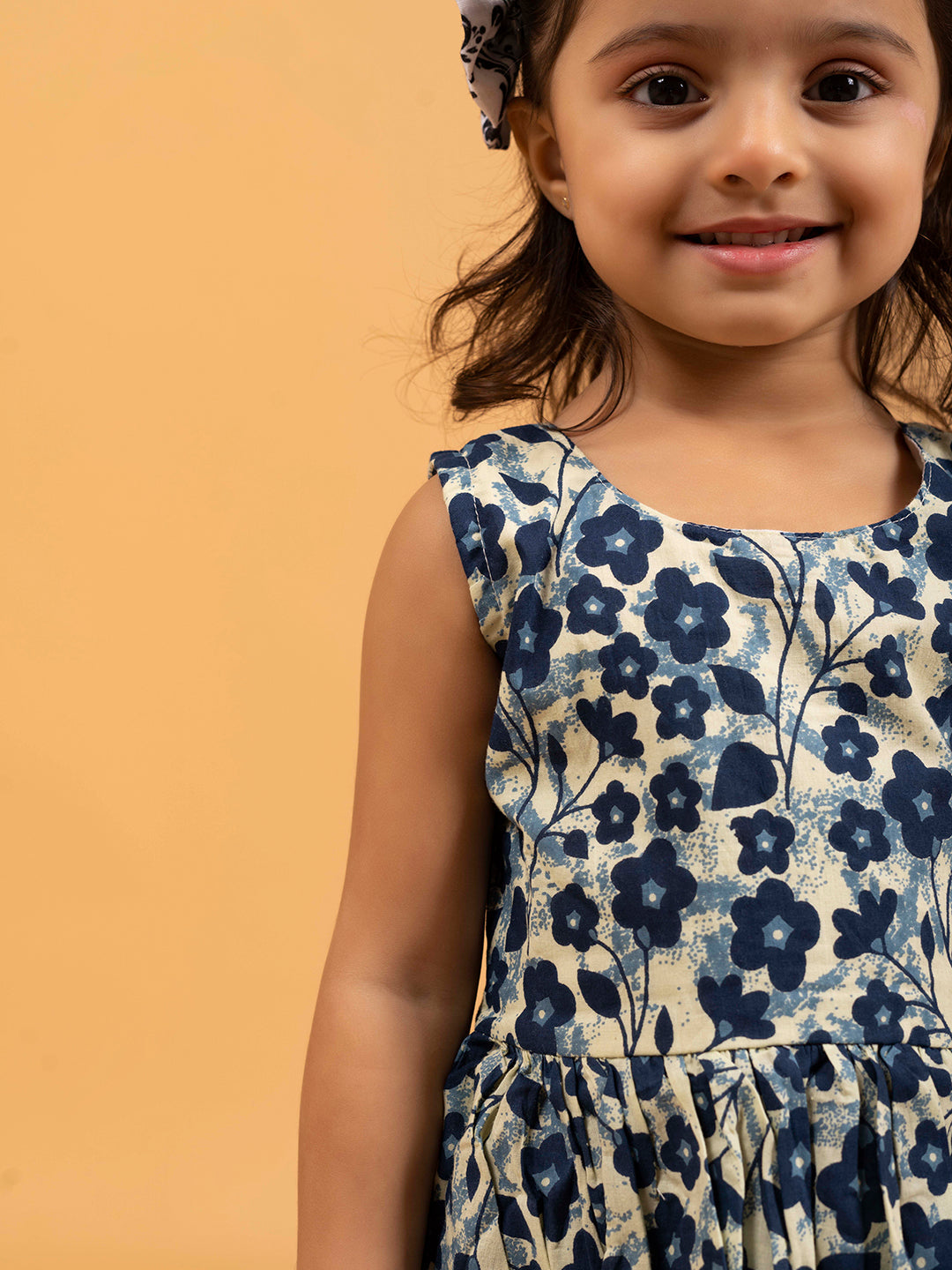 Kids Blue Floral Printed Sleeveless Cotton Dress
