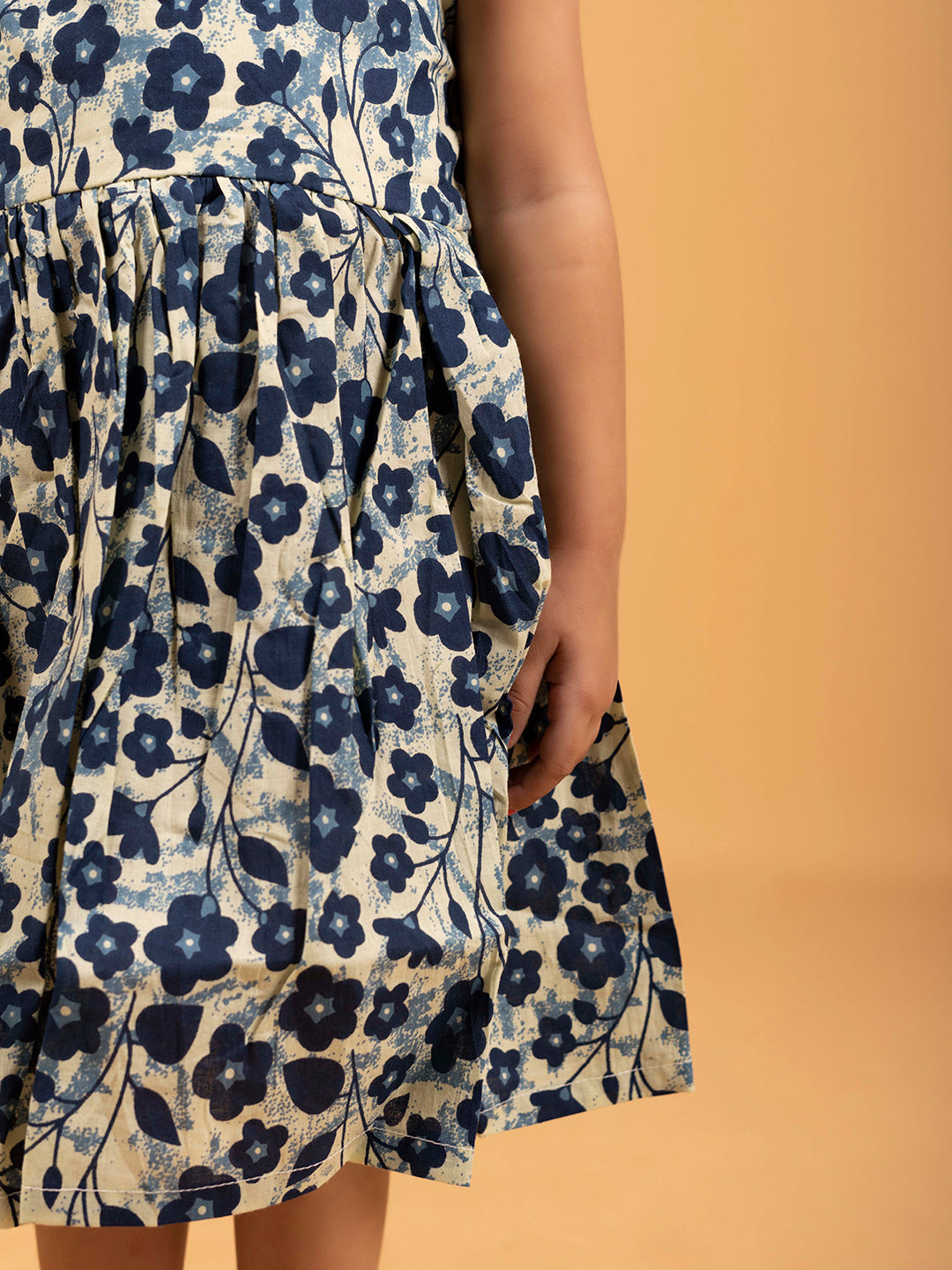 Kids Blue Floral Printed Sleeveless Cotton Dress