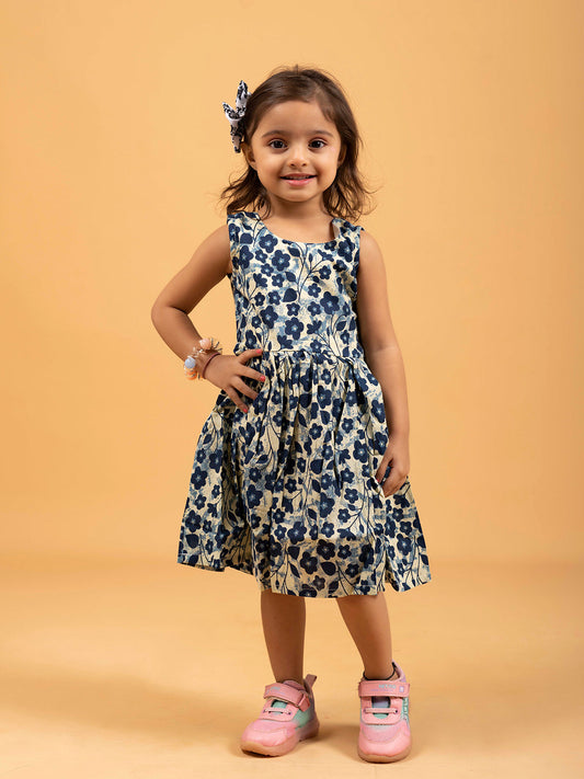 Kids Blue Floral Printed Sleeveless Cotton Dress