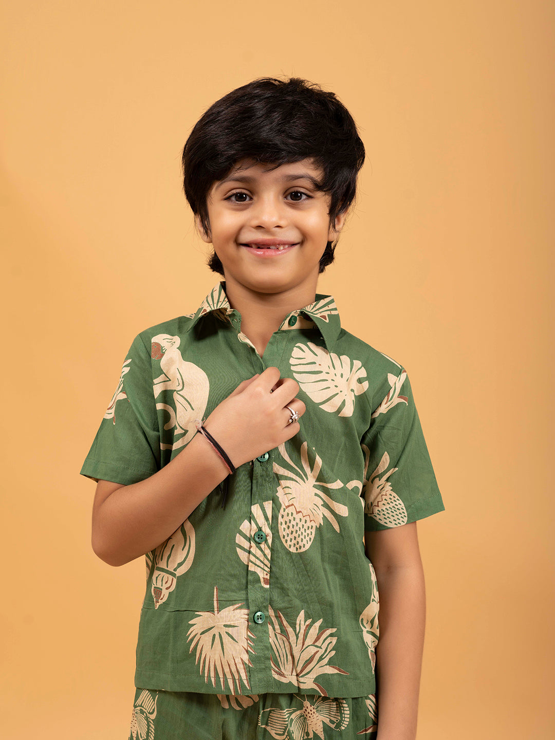 Kids Unisex Green Half-Sleeve Shirt and Short Set