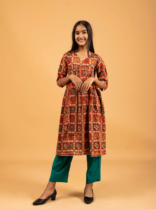 Kids Rust Printed Alia Cut Cotton Kurta Set