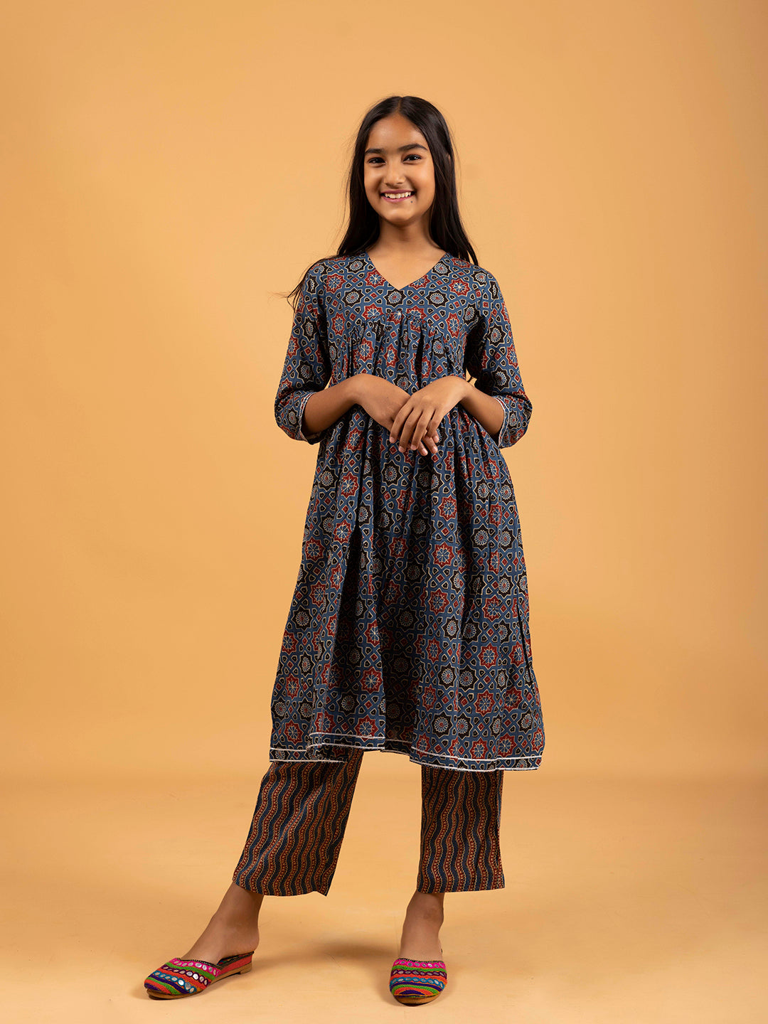 Kids Royal Blue Printed Alia Cut Cotton Kurta Set