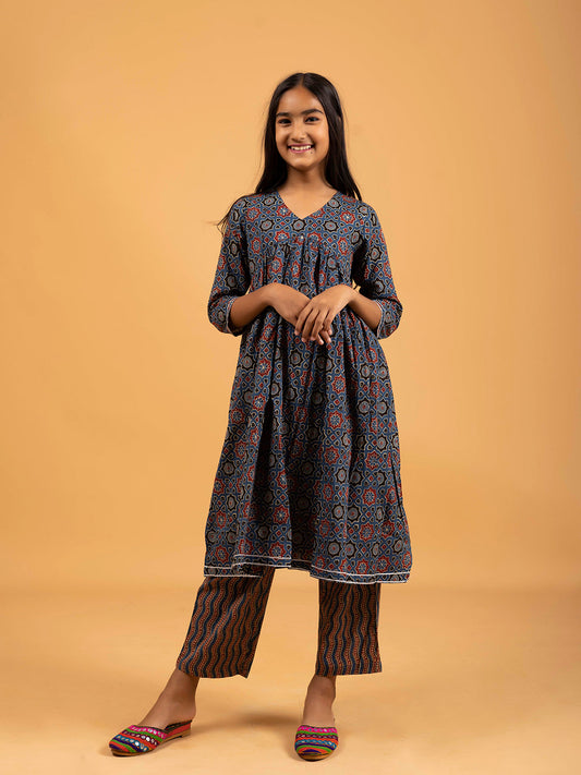 Kids Royal Blue Printed Alia Cut Cotton Kurta Set