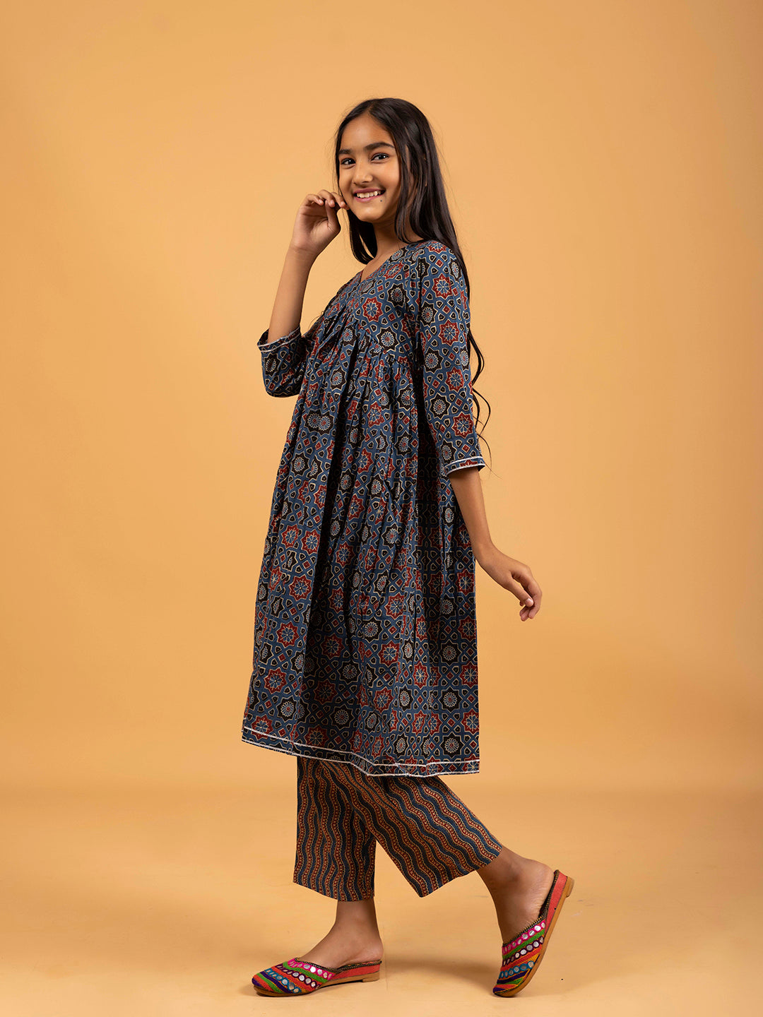 Kids Royal Blue Printed Alia Cut Cotton Kurta Set