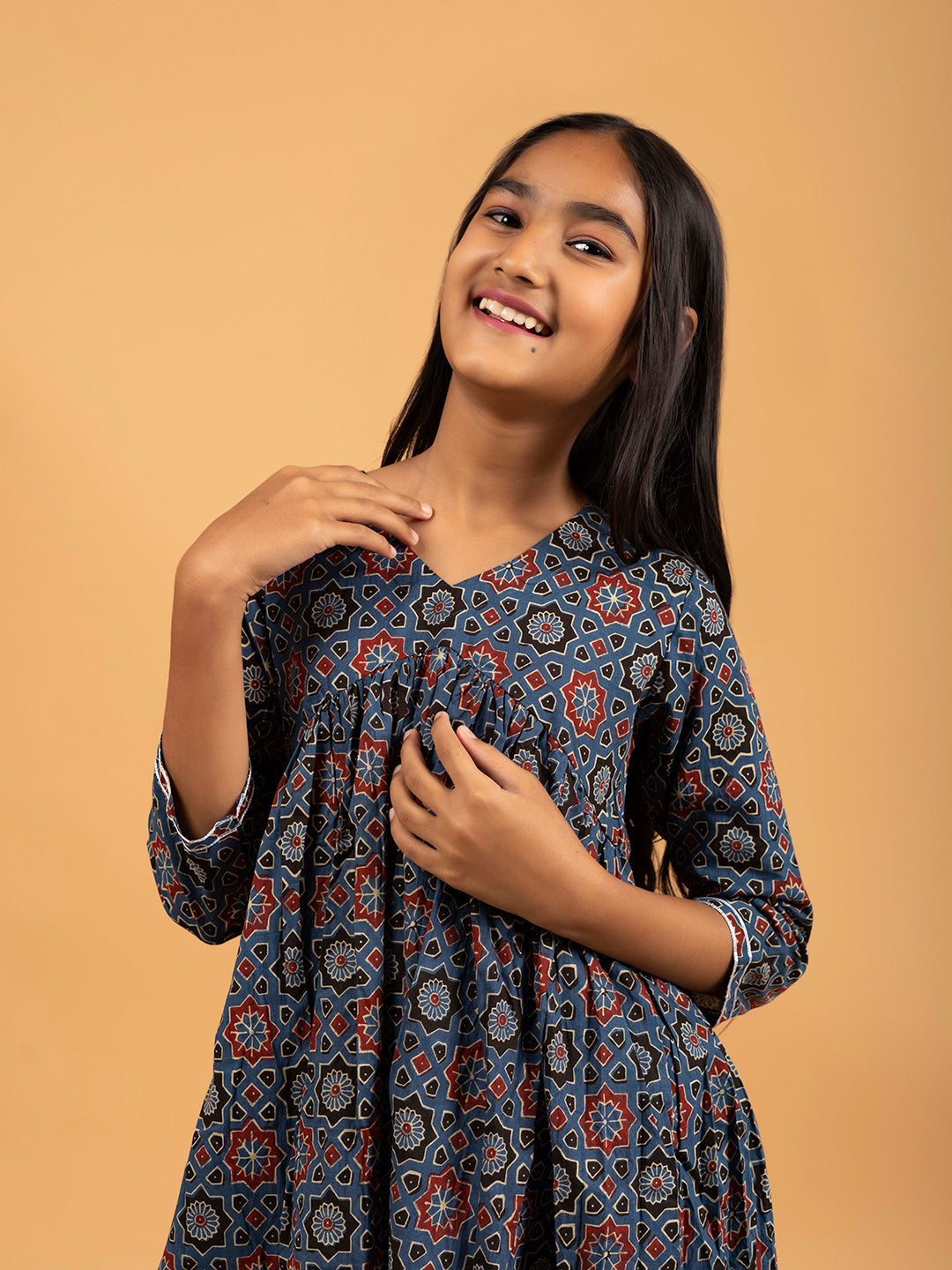 Kids Royal Blue Printed Alia Cut Cotton Kurta Set