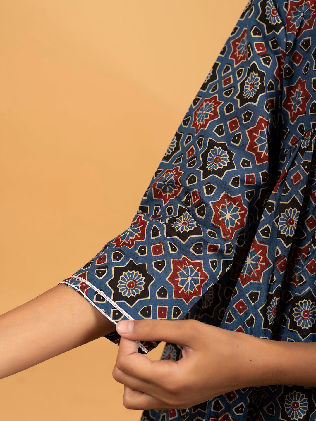 Kids Royal Blue Printed Alia Cut Cotton Kurta Set