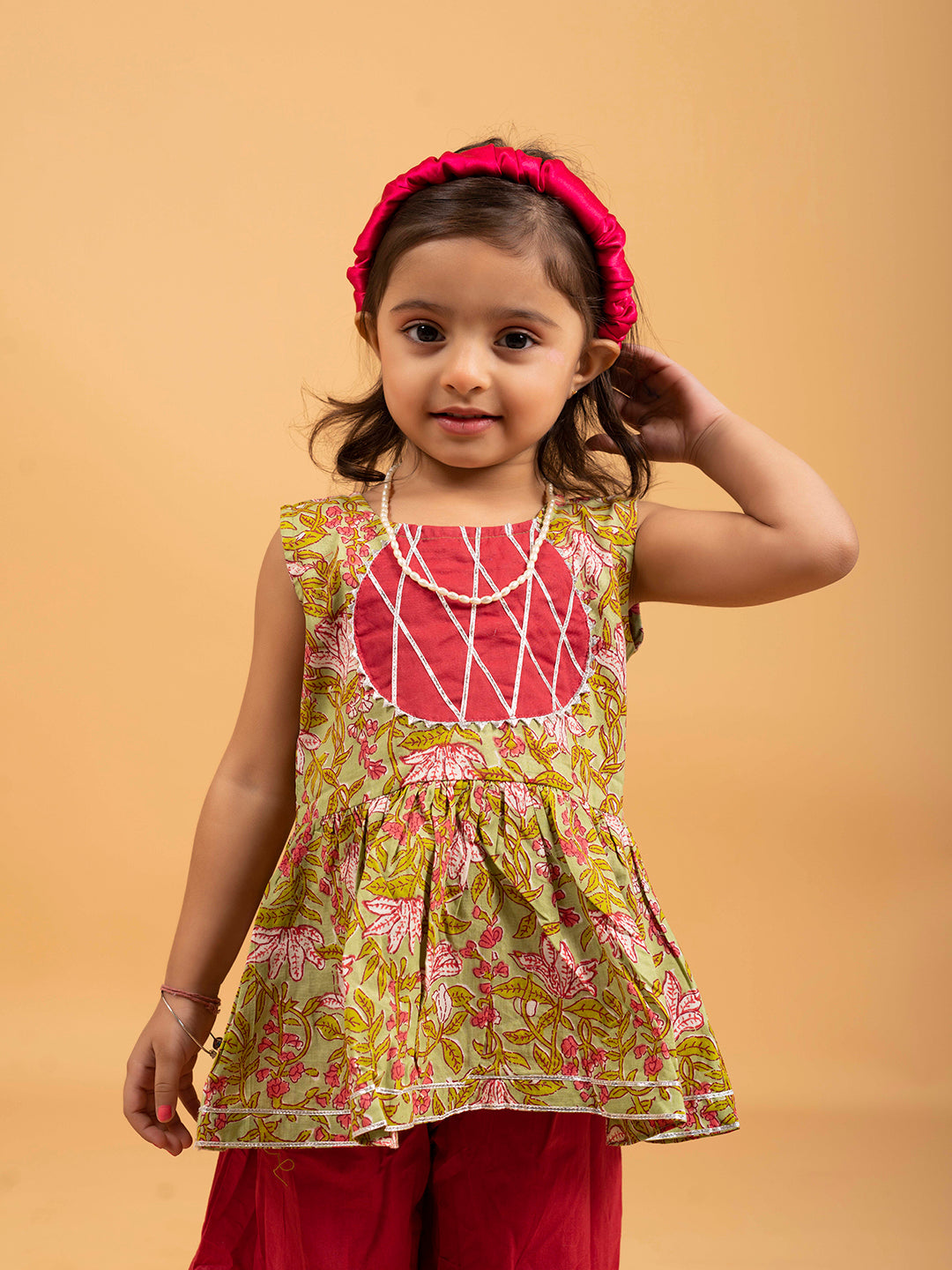 Kids Light Green and Red Printed Cotton Sharara Set