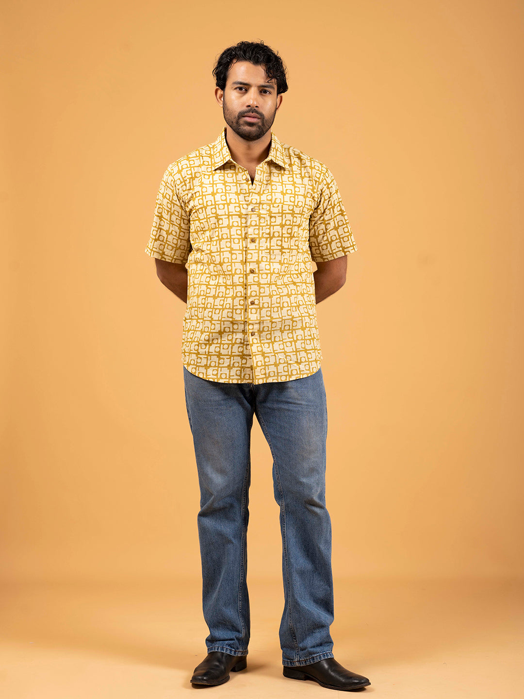 Mens Mustard Printed Half-Sleeve Shirt