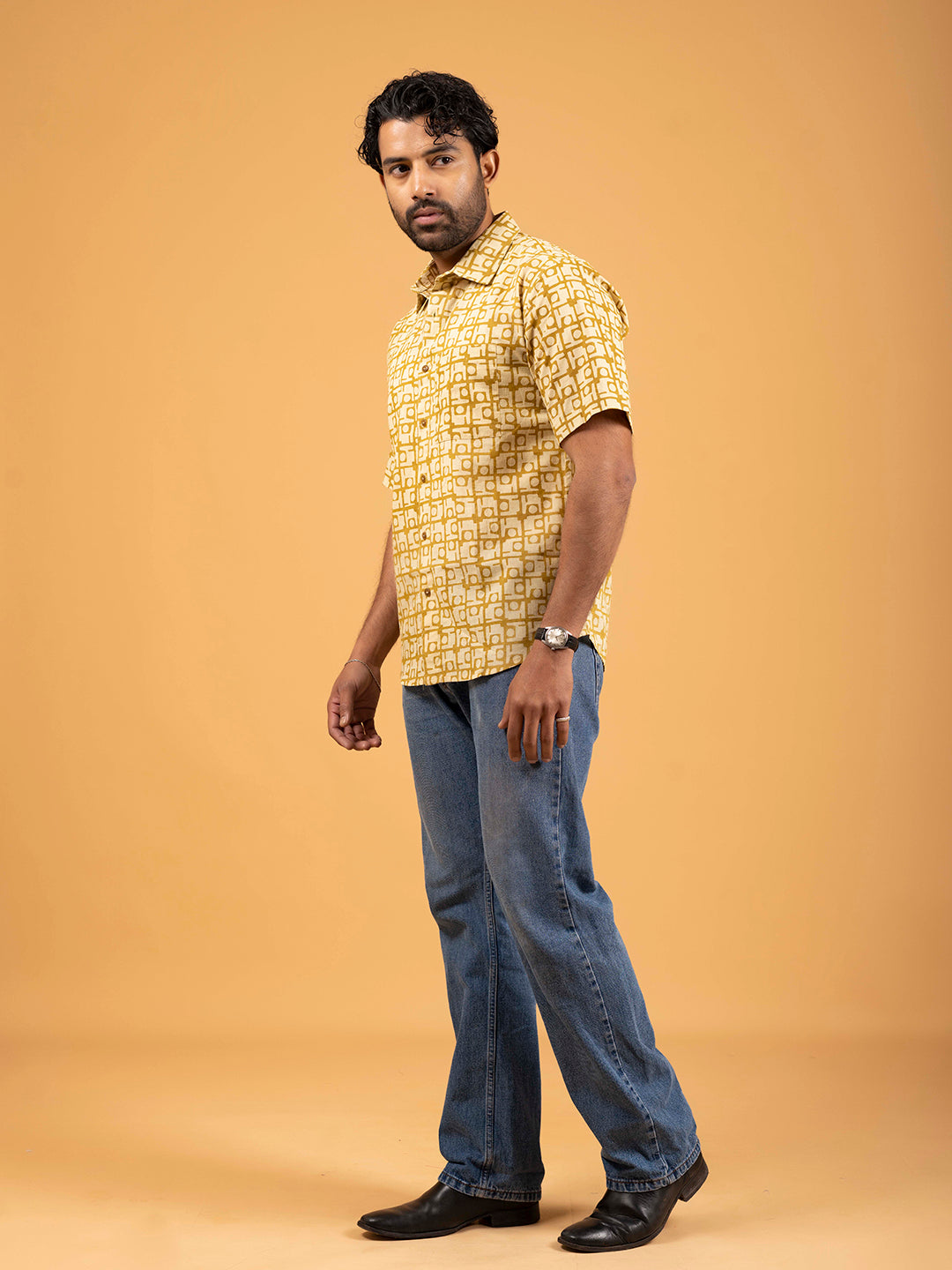 Mens Mustard Printed Half-Sleeve Shirt