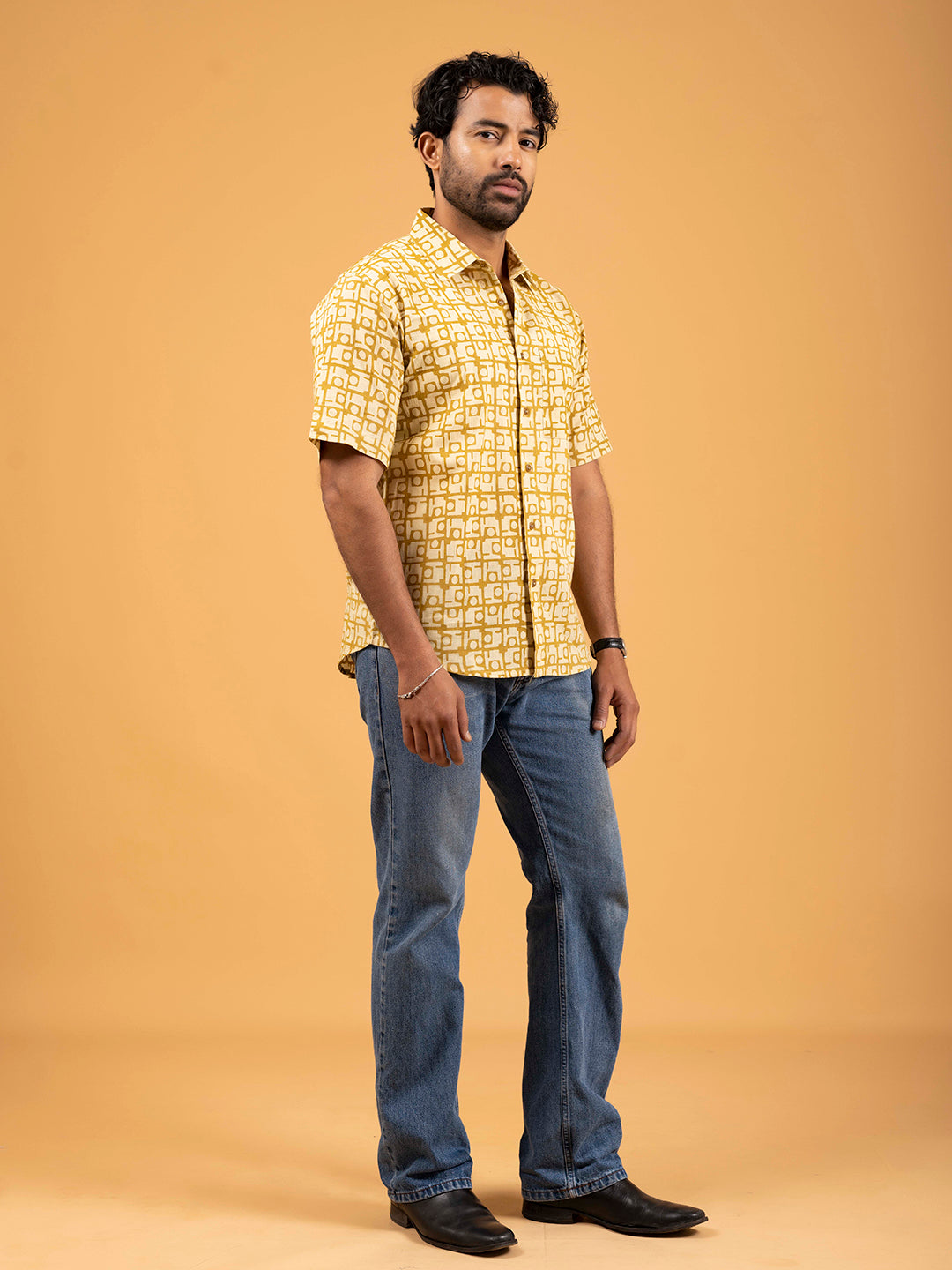 Mens Mustard Printed Half-Sleeve Shirt