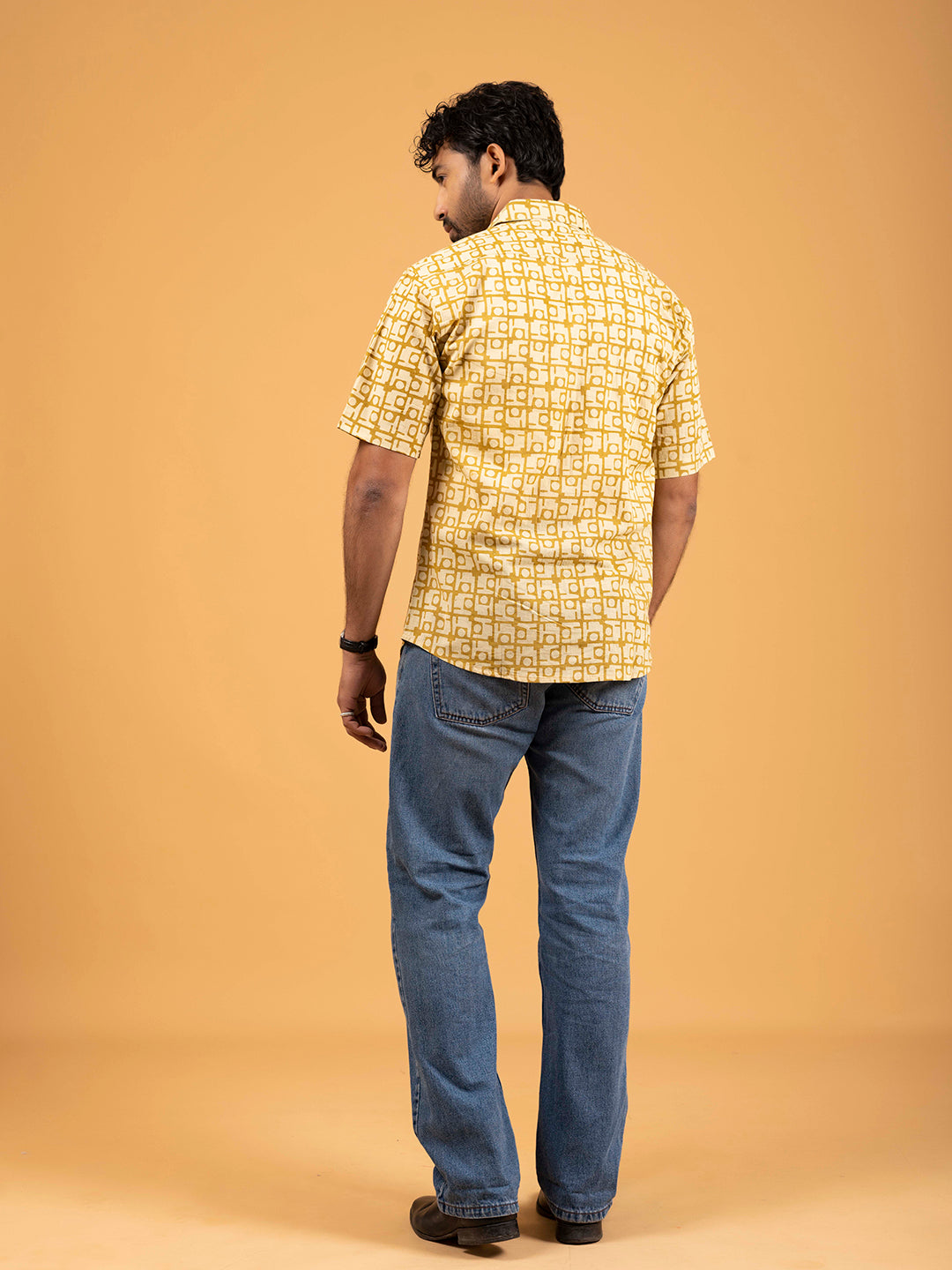 Mens Mustard Printed Half-Sleeve Shirt
