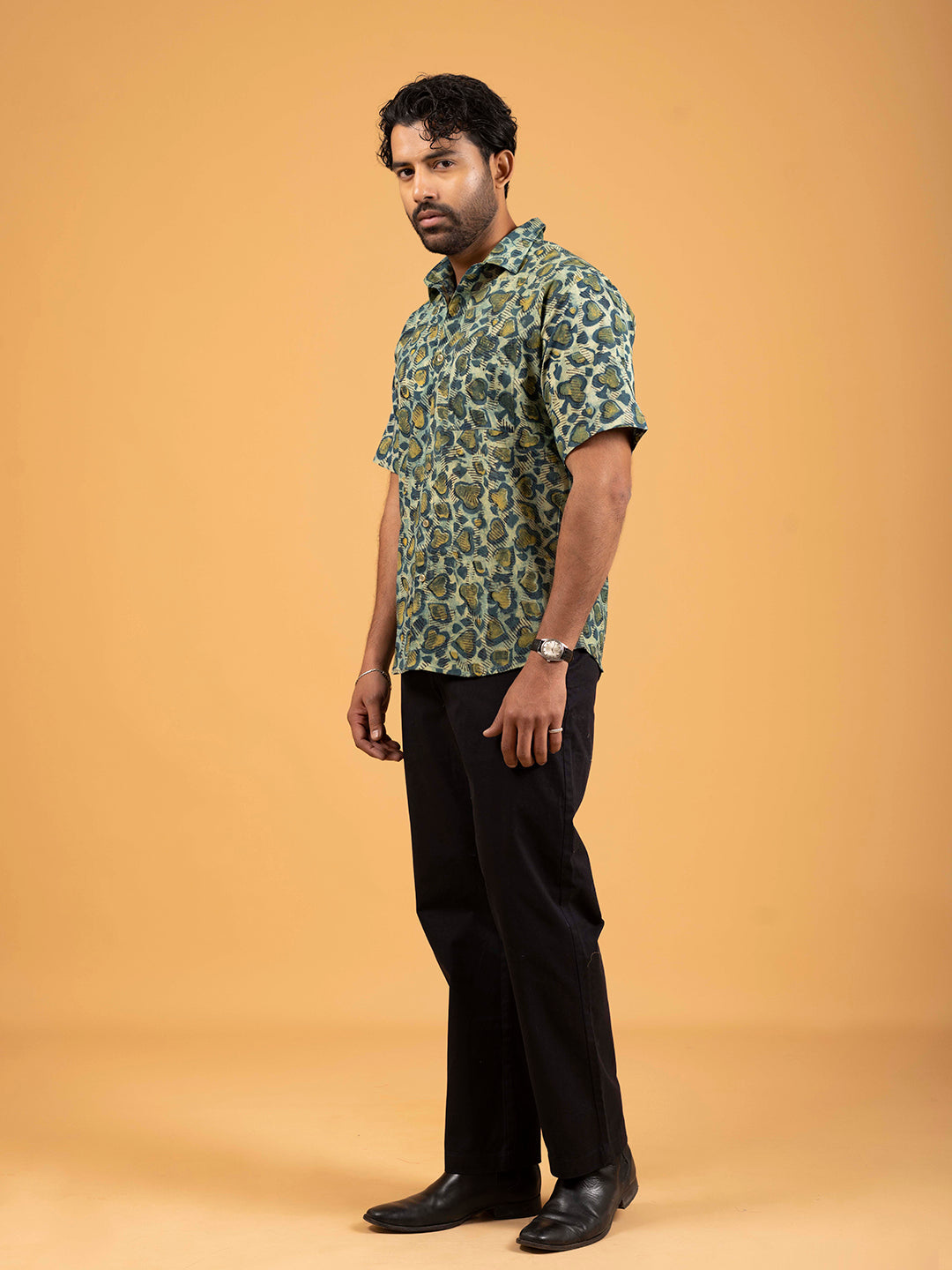 Mens Green Printed Half-Sleeve Shirt