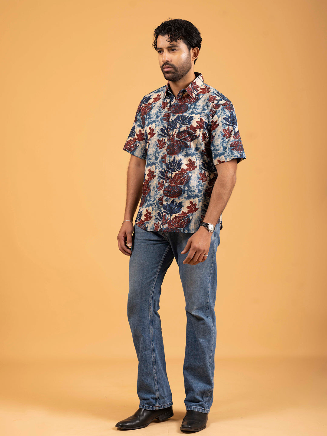 Mens Blue Printed Half-Sleeve Shirt