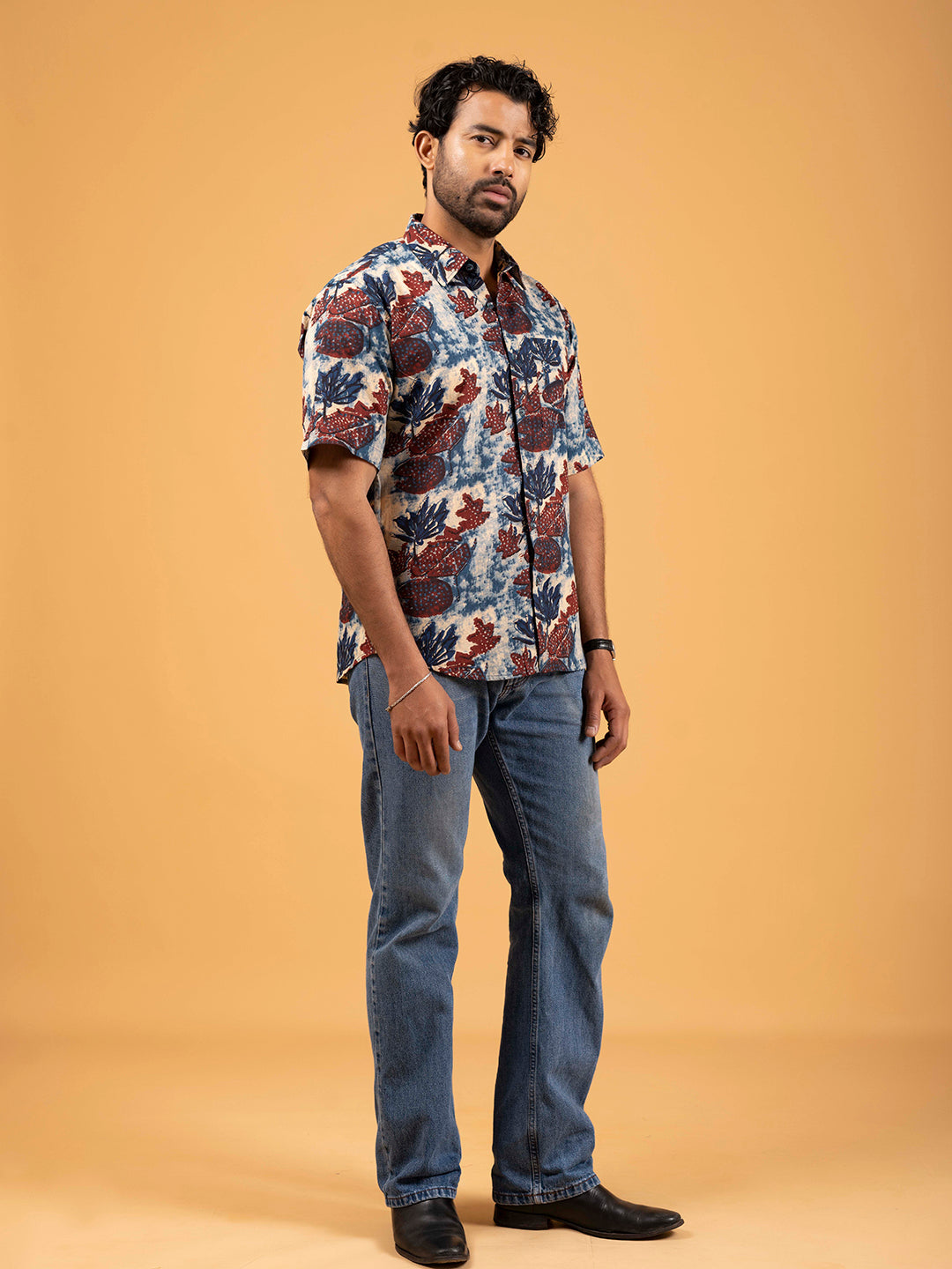 Mens Blue Printed Half-Sleeve Shirt