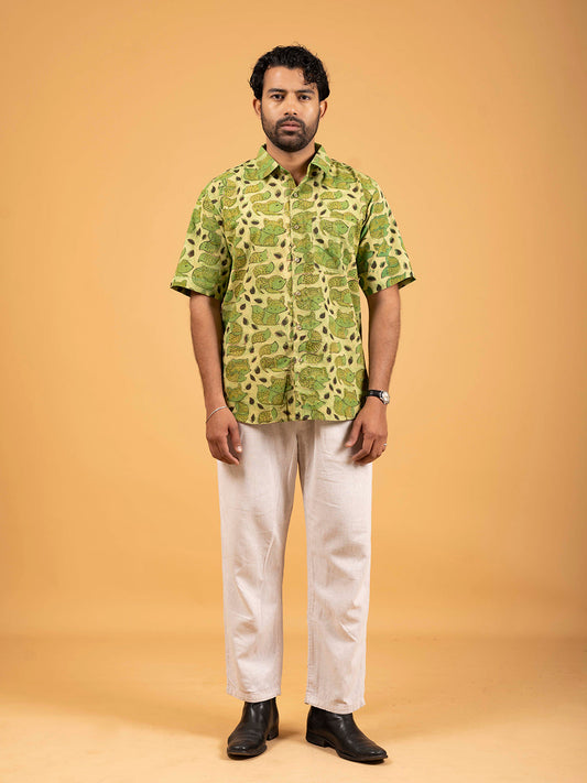 Mens Green Printed Half-Sleeve Shirt