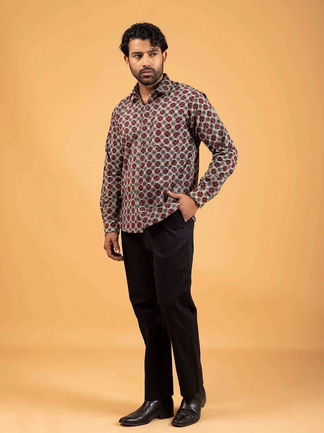 Mens Green Printed Full-Sleeve Cotton Shirt