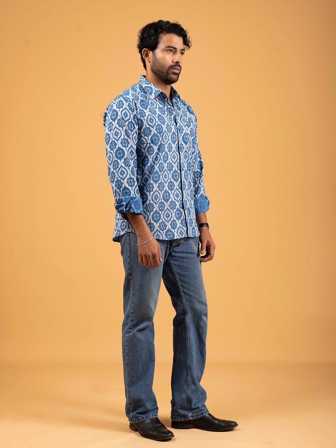 Mens Light Blue Printed Full-Sleeve Cotton Shirt