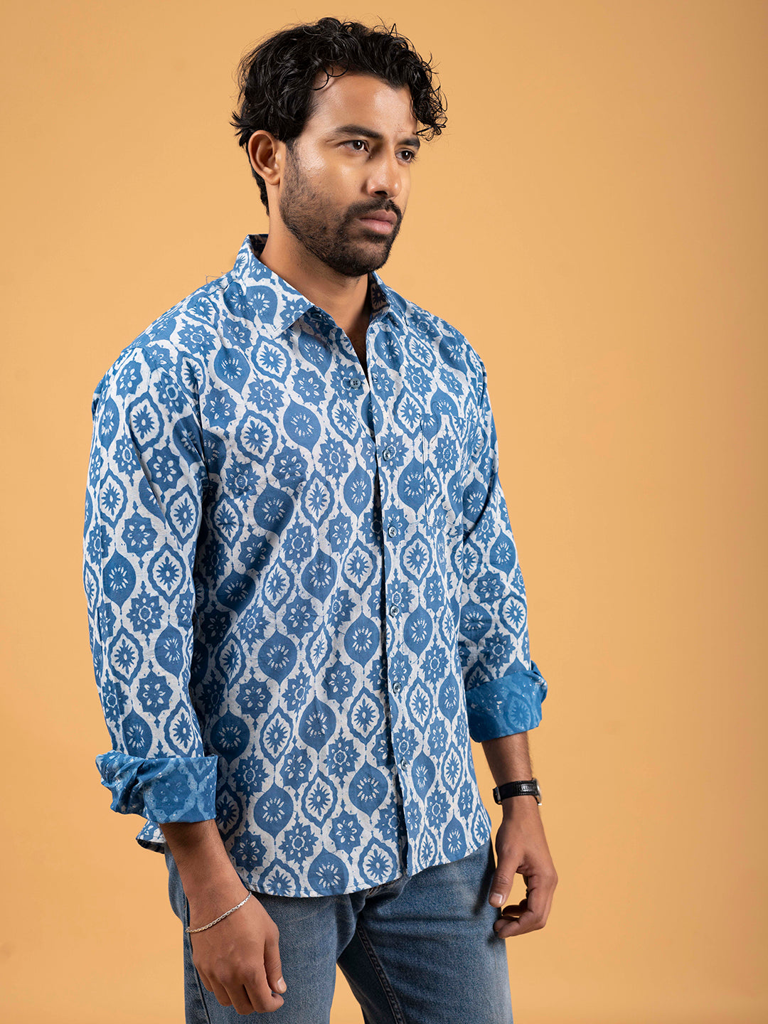 Mens Light Blue Printed Full-Sleeve Cotton Shirt
