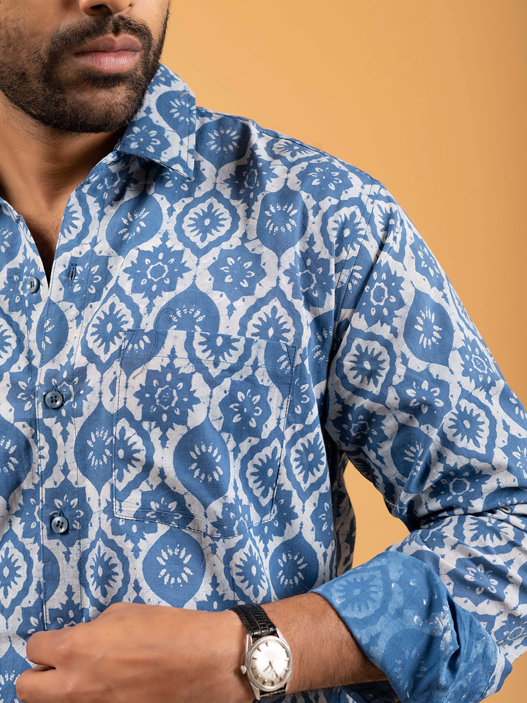 Mens Light Blue Printed Full-Sleeve Cotton Shirt