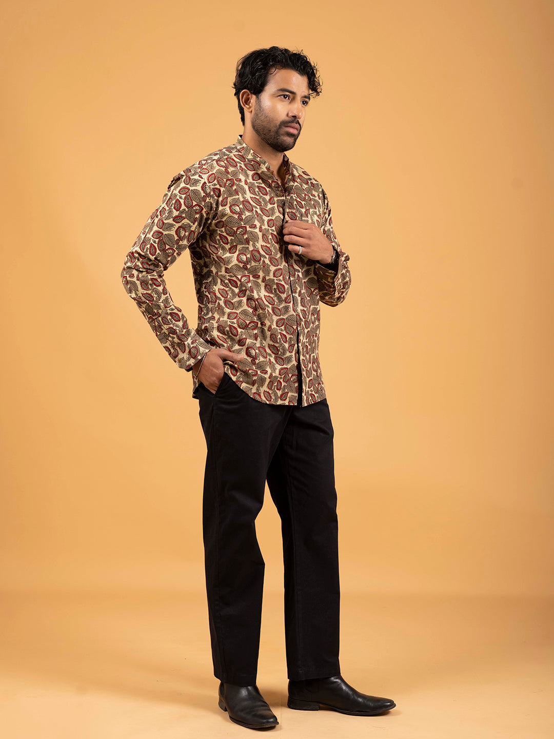 Mens Brown Printed Mandarin Collar Full-Sleeve Shirt