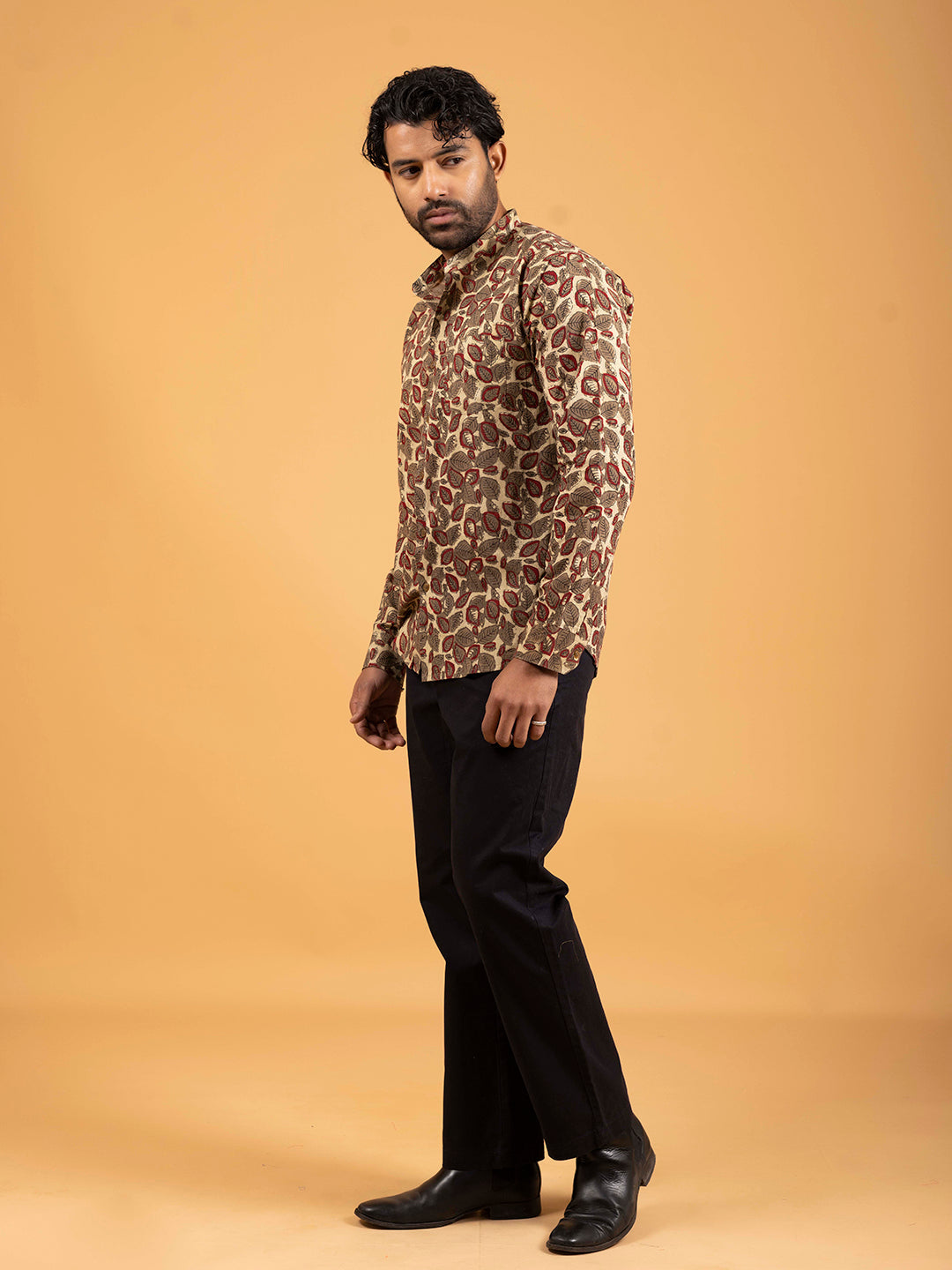 Mens Brown Printed Mandarin Collar Full-Sleeve Shirt