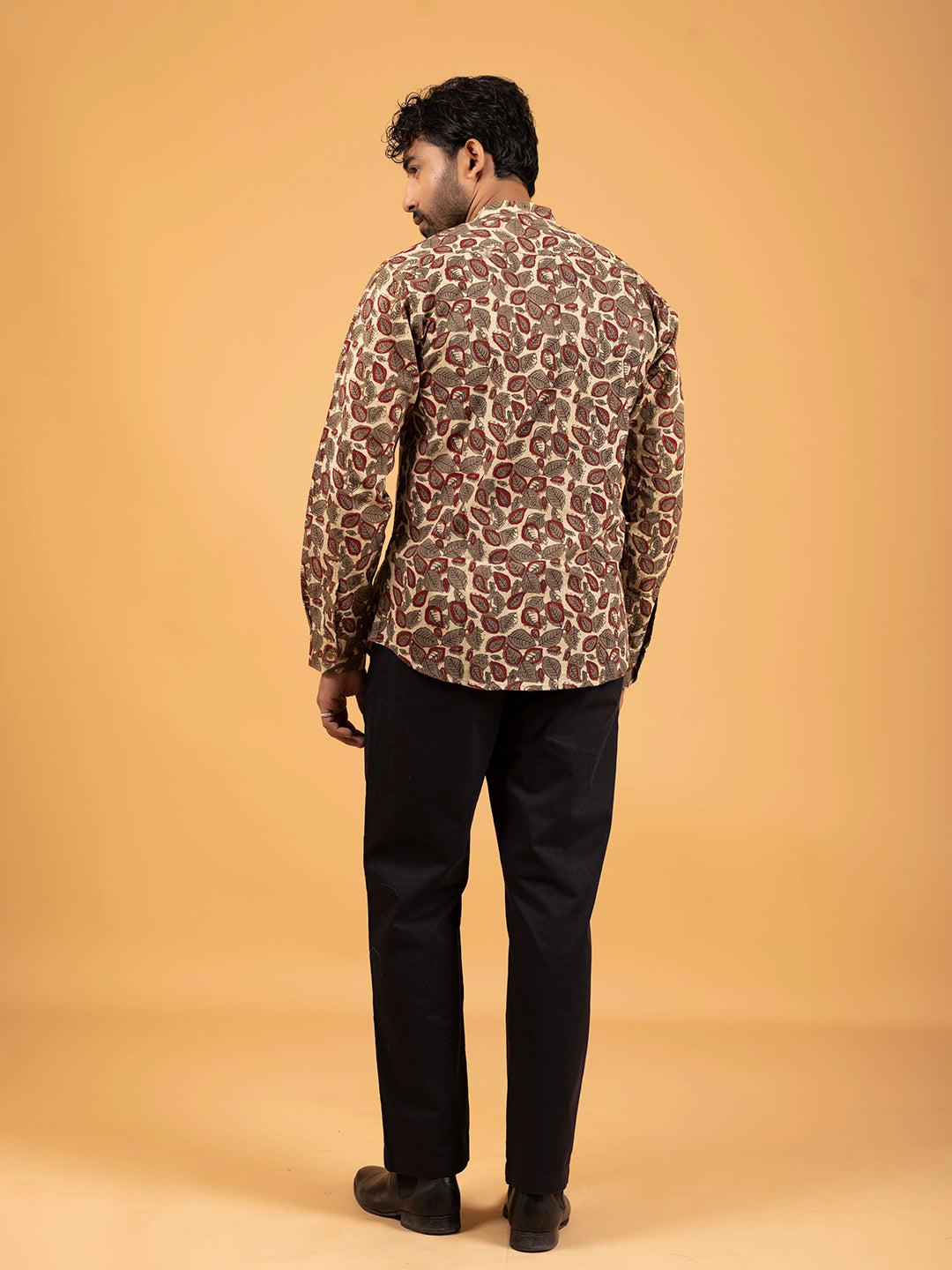Mens Brown Printed Mandarin Collar Full-Sleeve Shirt