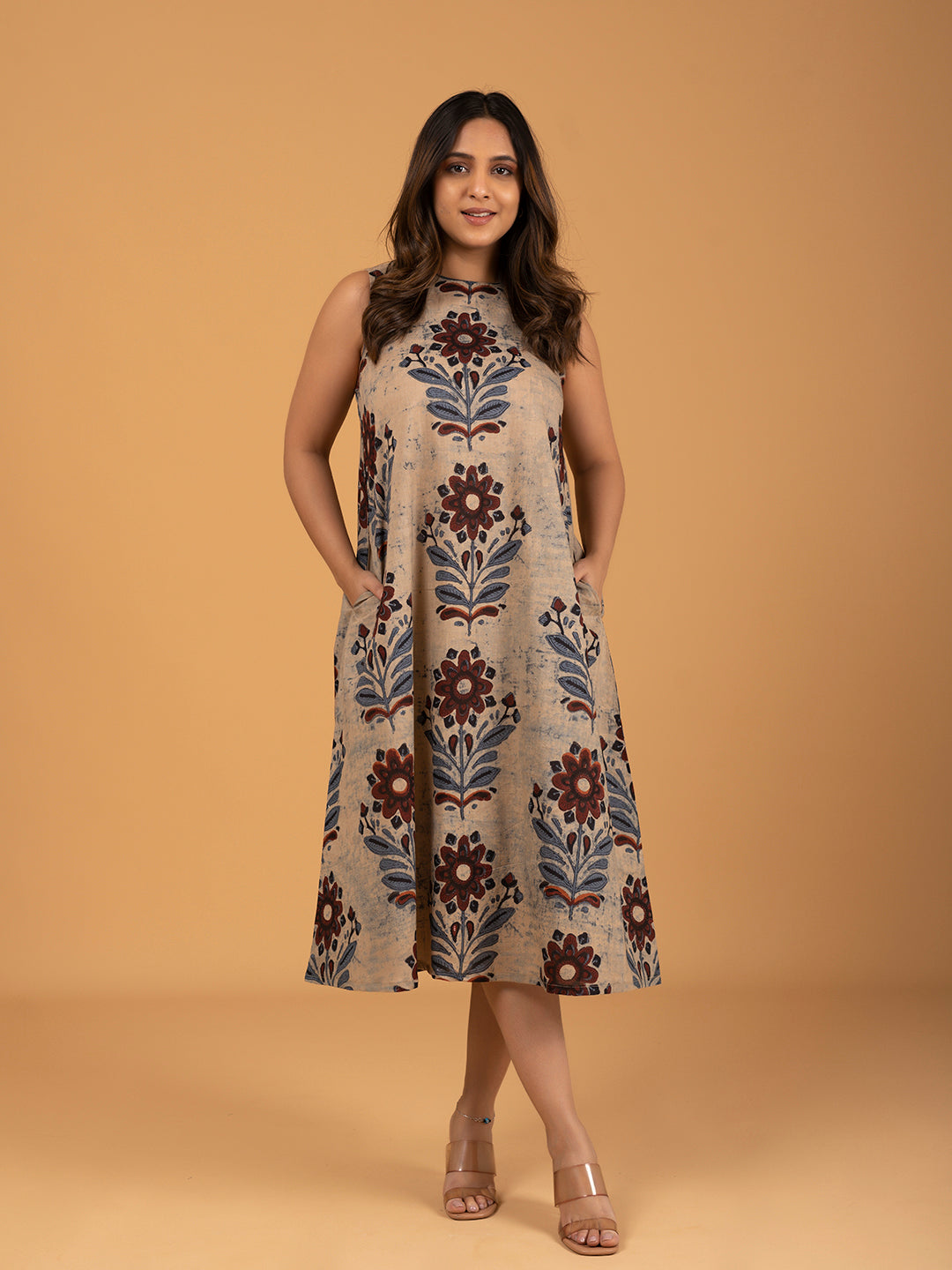 Beige Printed Sleeveless A-Line Cotton Dress