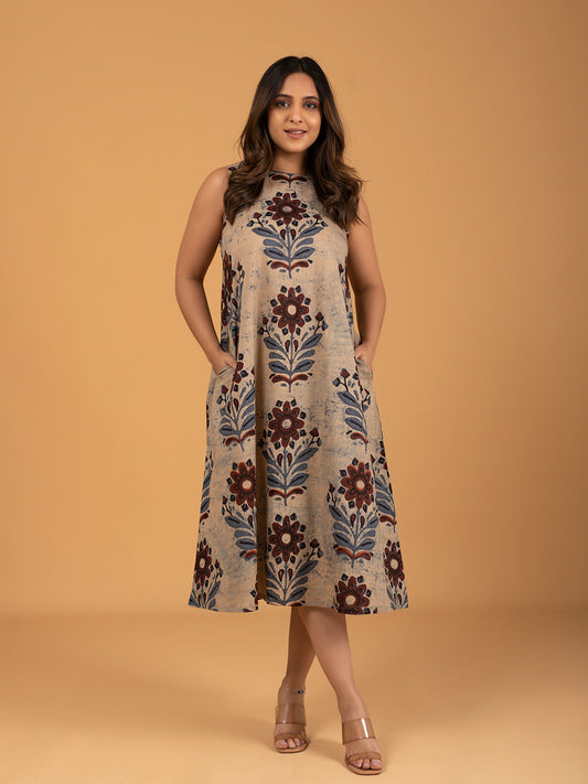 Beige Printed Sleeveless A-Line Cotton Dress