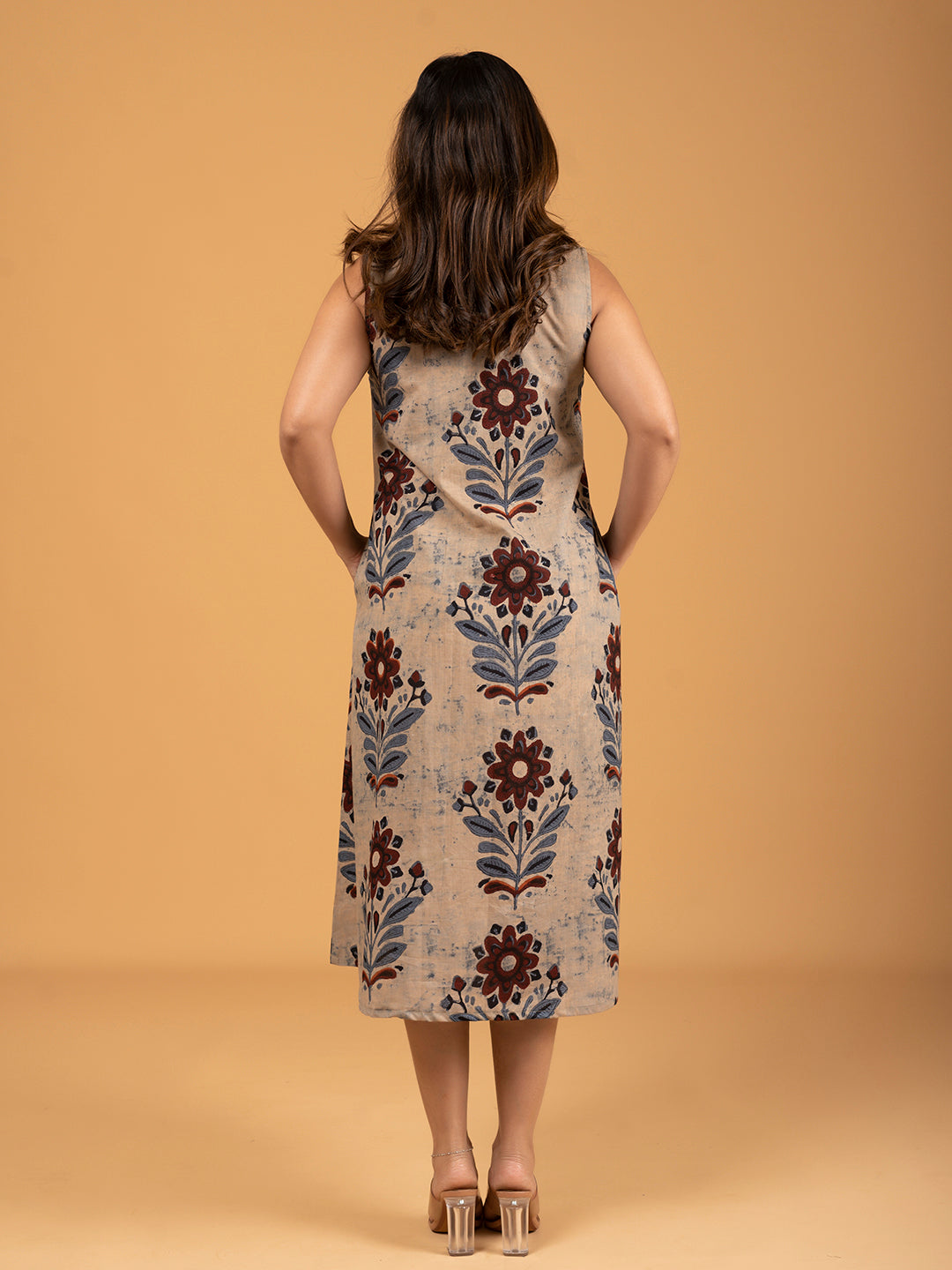 Beige Printed Sleeveless A-Line Cotton Dress