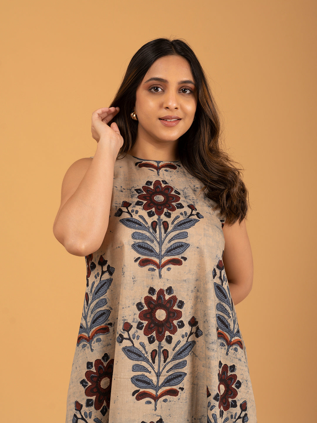 Beige Printed Sleeveless A-Line Cotton Dress