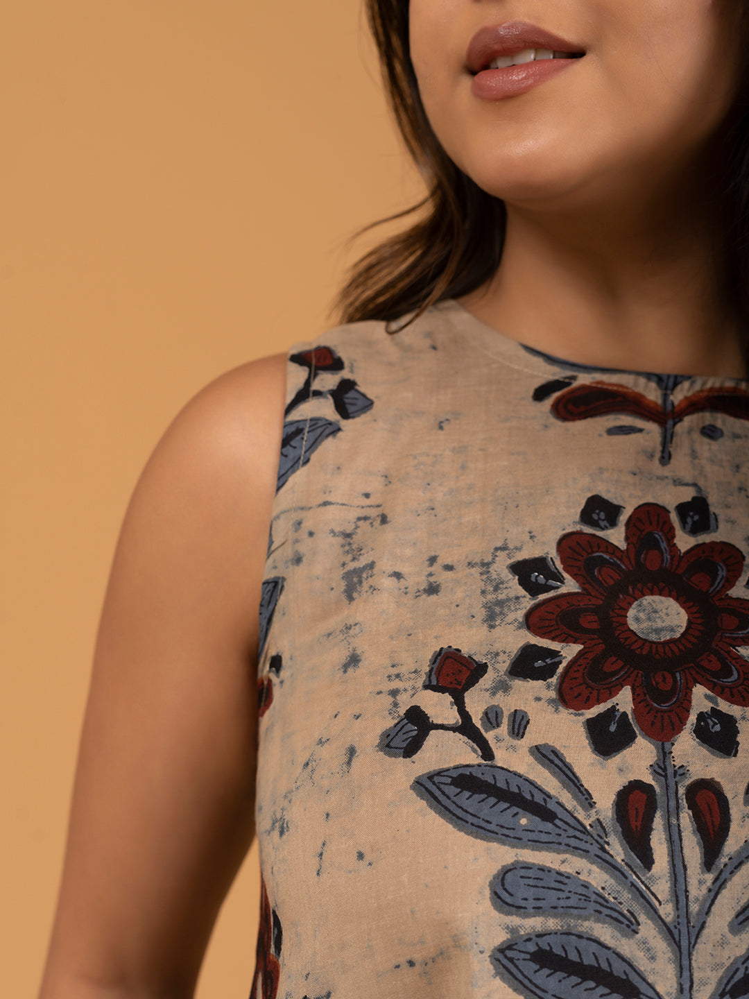 Beige Printed Sleeveless A-Line Cotton Dress