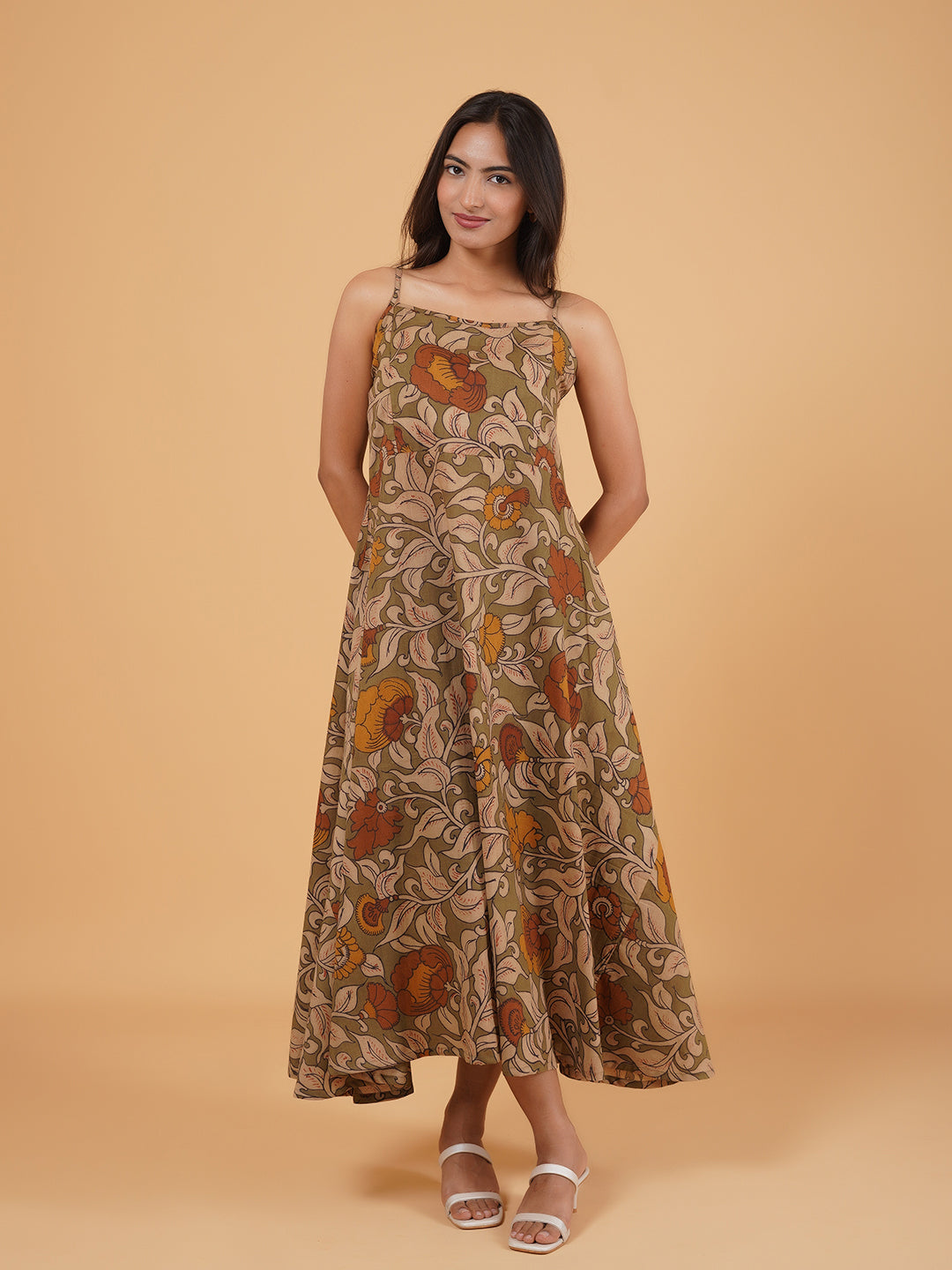 Olive Printed Long Cotton Spaghetti Dress