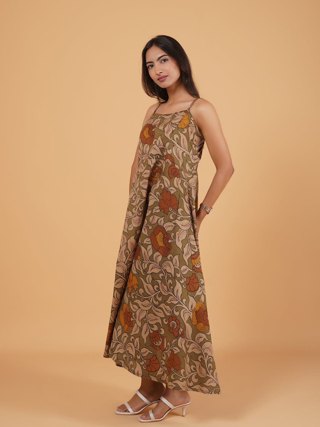Olive Printed Long Cotton Spaghetti Dress