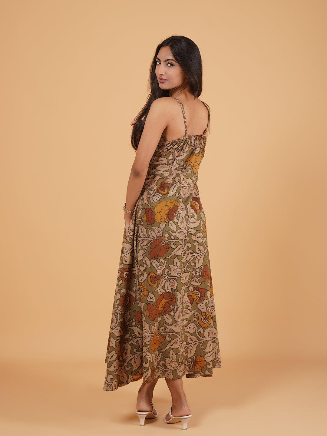 Olive Printed Long Cotton Spaghetti Dress