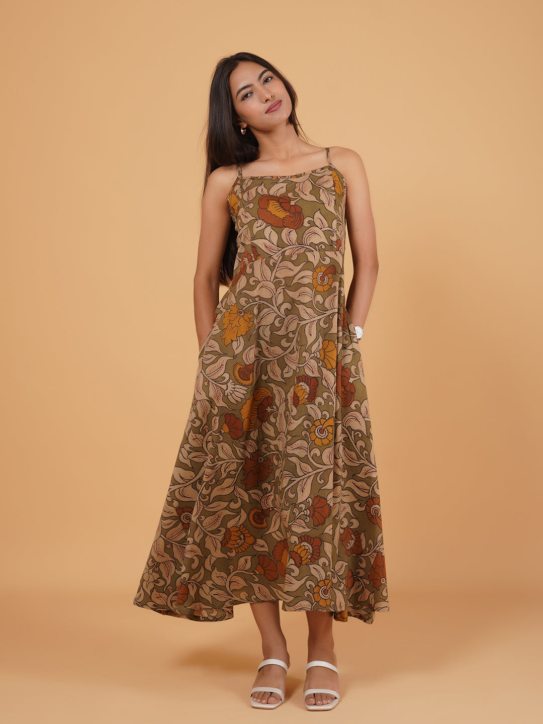 Olive Printed Long Cotton Spaghetti Dress