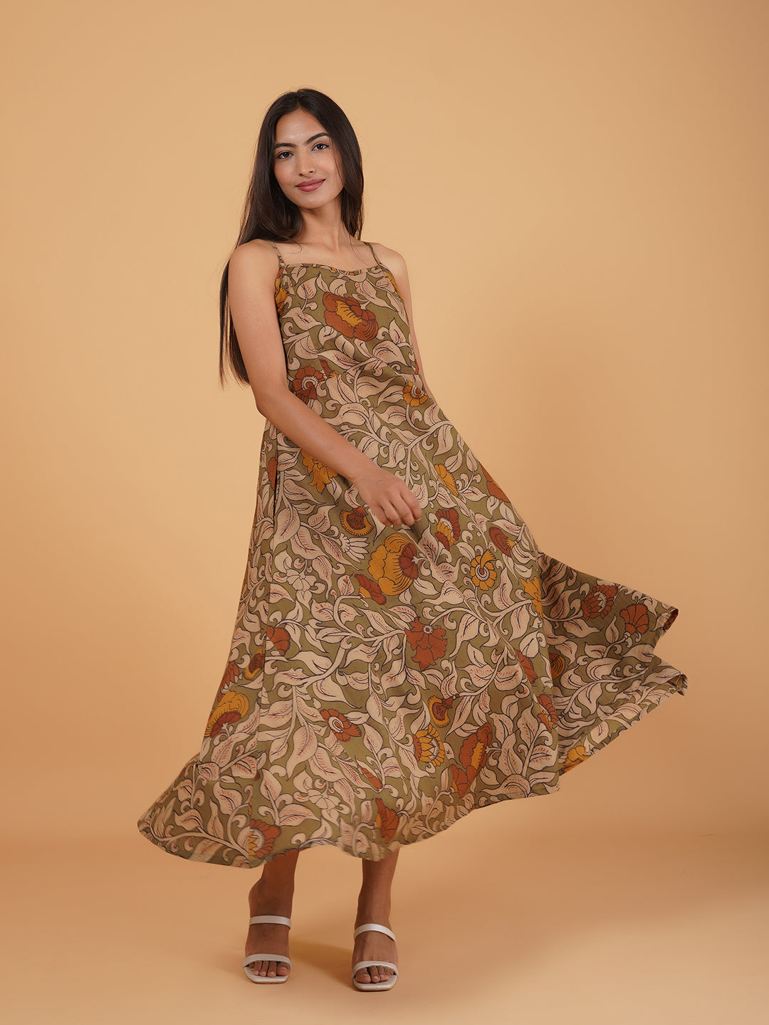 Olive Printed Long Cotton Spaghetti Dress